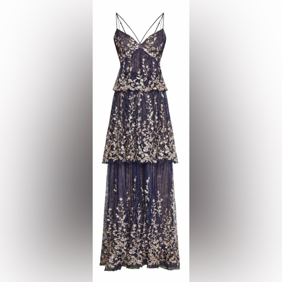 $588 NWT BCBGMAXAZRIA Floral Blooms Metallic Embroidered Ruffle Gown - Picture 7 of 15